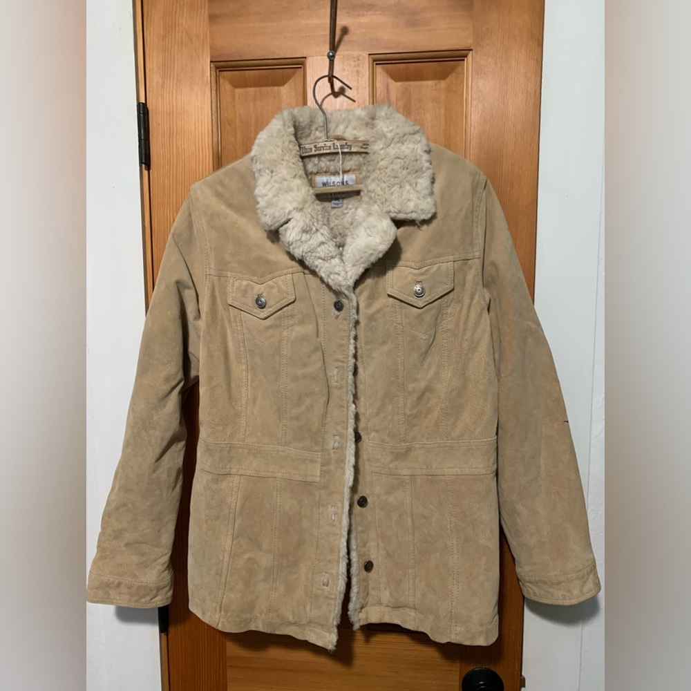 80’s Wilsons Leather Jacket Tan Suede with Faux Fir Collar (XL)